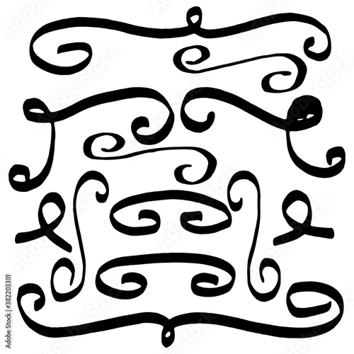 Hand-drawn doodle vignettes, borders, dividers; ink elements; vector set