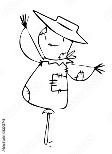 Scarecrow Halloween black and white outline. Holiday decoration concept. Vector hand drawn style. 