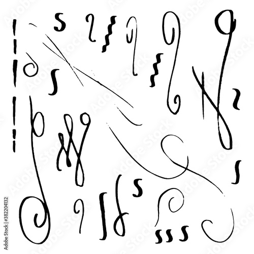 Hand-drawn ink scroll and swirl elements on white background; grunge black scrolls and swirls; vintage artistic elements; mascara strokes for graphic design: logotype, page and book decorations.