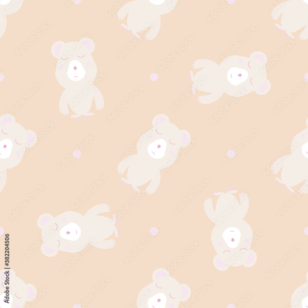 Seamless pattern with funny bear on a light yellow background. For children's textiles and linen, wrapping paper, notebook and phone covers. Vector illustration