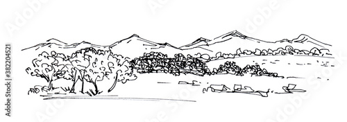Black and white watercolor landscape of blurred silhouettes of houses, bushy trees and endless mountain ranges. Hand drawn sketch with summer view of small mountain village among woodland