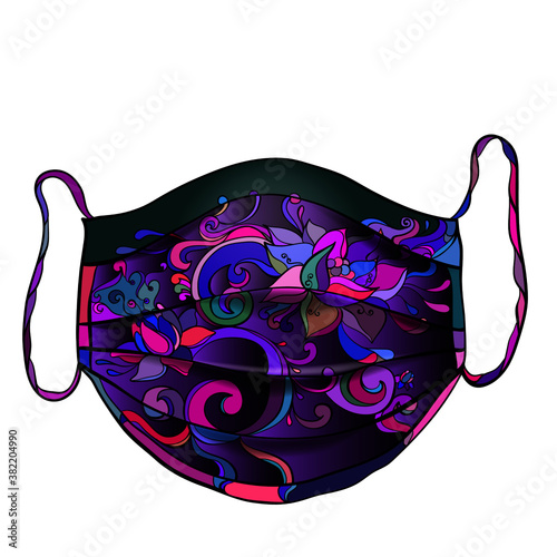 Vector image of a protective medical mask in the zentangle style, mask with a pattern in the oriental style, painted fantasia ornament
