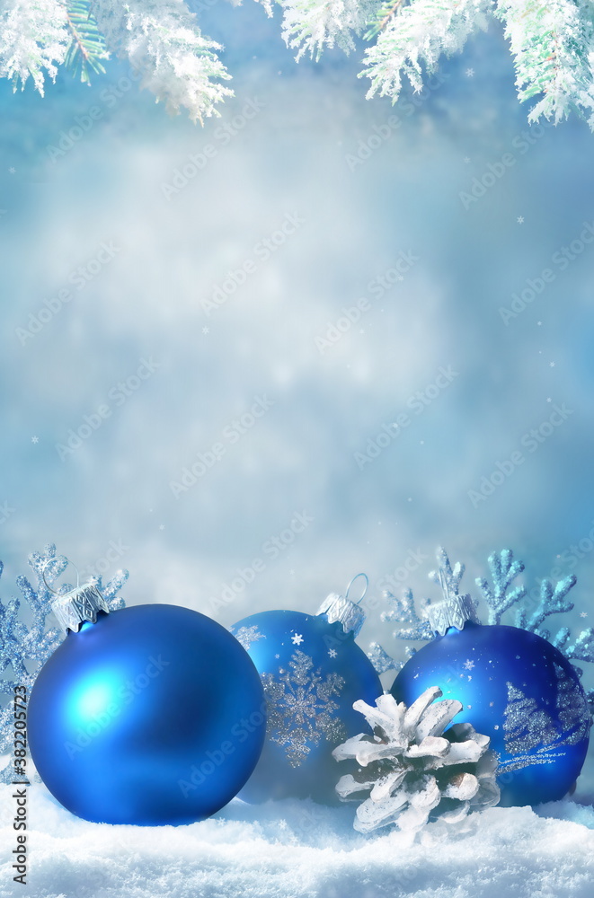 Christmas balls, snowflake and pine branch on winter background. Christmas balls, snowflake and pine branch on winter background.