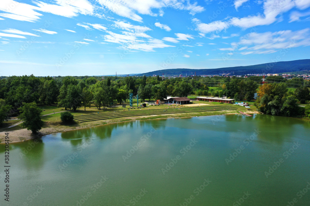 Aerial view of the lake zelena voda in Nove Mesto nad Vahom in Slovakia Aerial view of the lake zelena voda in Nove Mesto nad Vahom in Slovakia