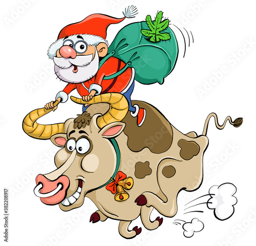 Vector illustration. Funny cartoon. Santa Claus is riding a bull holding on to the horns. Symbol of the year. Eastern horoscope.