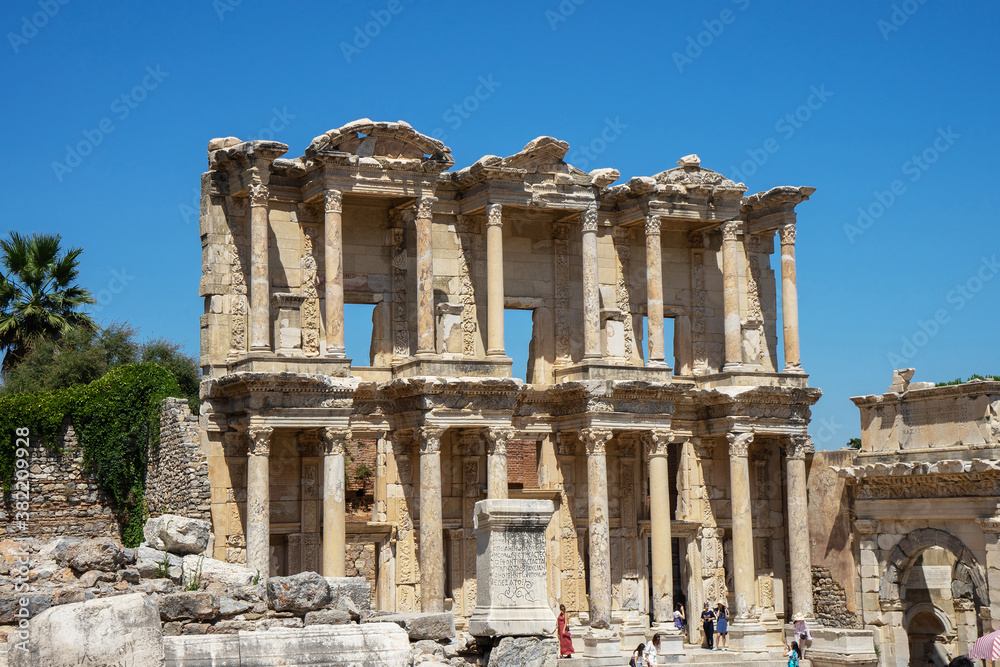 Ruins of Library of Celsus in the ancient Greek city Ephesus or Efes on the coast of Ionia in Izmir Province, Turkey in summer day