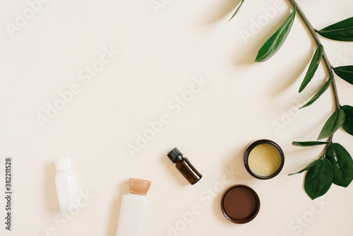 Set of natural organic SPA cosmetics on a light beige background. The view from the top herbal cosmetics for skin care. . Flat lay minimalist style. Layout for an eco-store or beauty salon