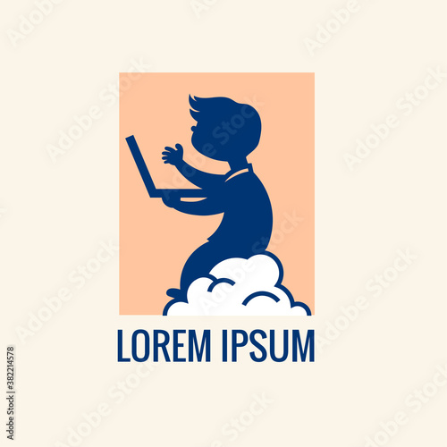 Online education emblem template. Kid learning online with laptop and stay at cloud
