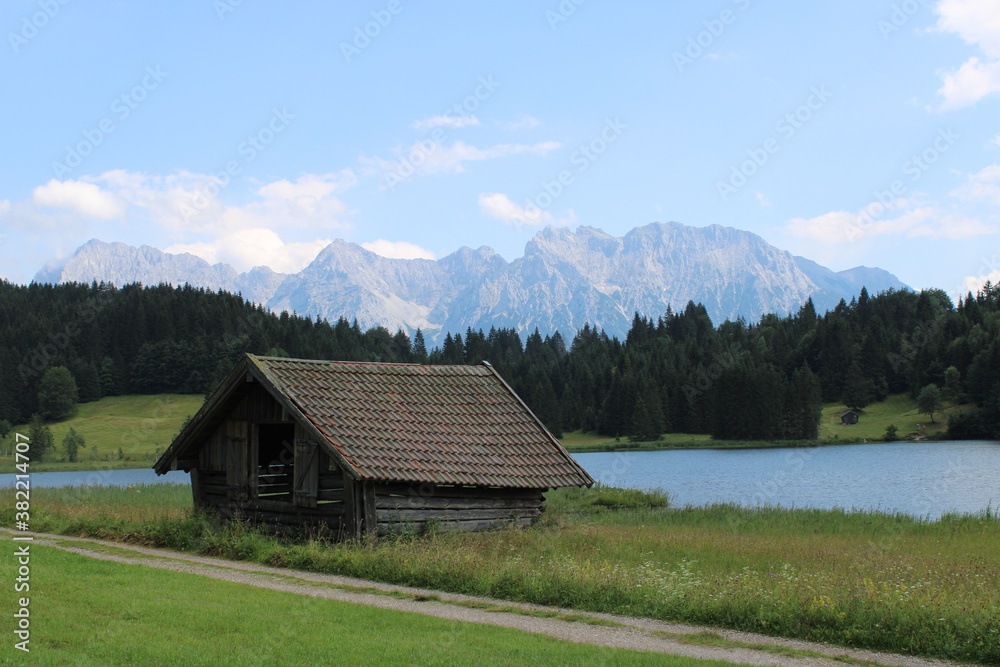Beautiful lake Geroldsee with the romantic Karwendel mountains in the background
