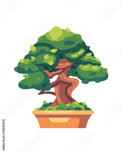 Illustration of Cute Bonsai or an ornamental tree, planted in a pot. Isolated on white background