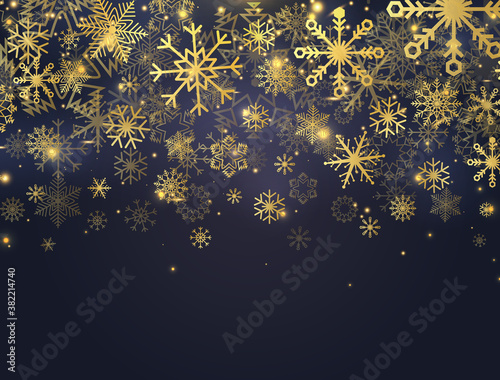 Christmas banner with glitter gold snowflakes, glowing lights and stars. Luxury card with falling particles and sparkling snowflakes. Celebration background. Vector Illustration