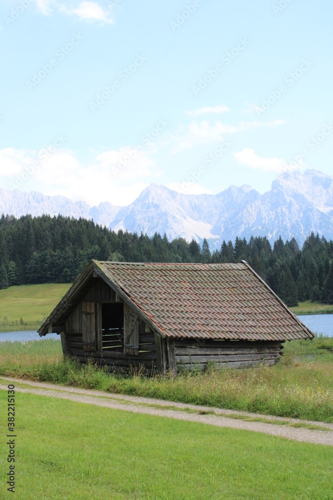 Beautiful lake Geroldsee with the romantic Karwendel mountains in the background