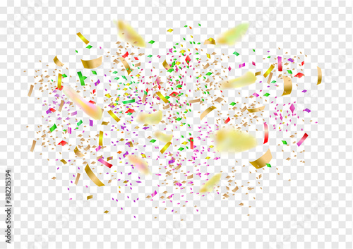 Defocused gold and colored confetti  explosion. Shiny holiday background for party, anniversary, birthday, carnival
