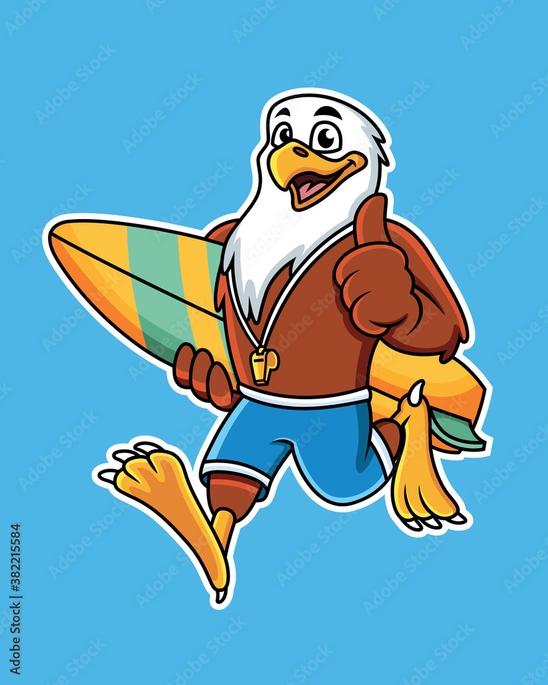 Cute cartoon eagle carrying a surfboard with a thumbs up pose. Vector Illustration with blue background Cute cartoon eagle carrying a surfboard with a thumbs up pose. Vector Illustration with blue background