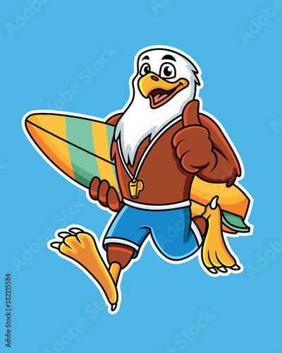Cute cartoon eagle carrying a surfboard with a thumbs up pose. Vector Illustration with blue background