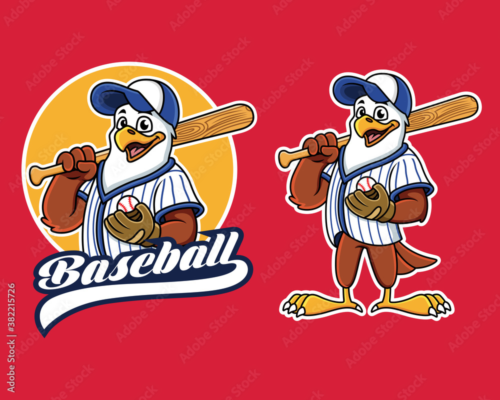 Naklejka premium Baseball eagle mascot player. Vector Illustration with red background