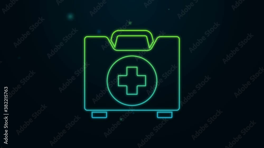 Glowing neon line First aid kit icon isolated on black background. Medical box with cross. Medical equipment for emergency. Healthcare concept. 4K Video motion graphic animation Glowing neon line First aid kit icon isolated on black background. Medical box with cross. Medical equipment for emergency. Healthcare concept. 4K Video motion graphic animation