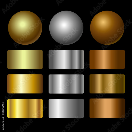 Vector set of metallic gold, silver, bronze gradients. Collection of colorful gradient illustrations for backgrounds, banner, coin, label, card, poster, ring.
