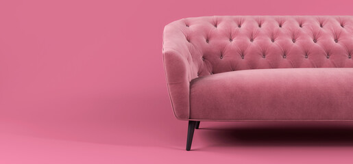 Fashionable comfortable stylish pink fabric sofa with black legs on pink background with shadow. Pink interior, showroom, single piece of furniture. Vilyura, velvet sofa. Luxury couch front view