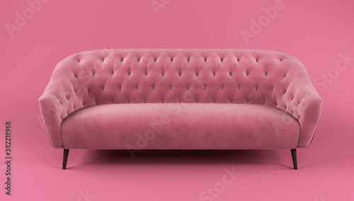 Fototapeta Naklejka Na Ścianę i Meble -  Fashionable comfortable stylish pink fabric sofa with black legs on pink background with shadow. Pink interior, showroom, single piece of furniture. Vilyura, velvet sofa. Luxury couch front view