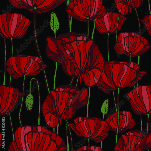 Seamless pattern with Red Poppies Flowers. Botanical vector illustration. Design for wallpaper  fabric  textile  gift paper  postal packaging