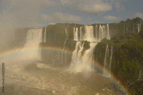 Rainbows over the mighty and powerful Iguzu  Iguacu  Waterfalls between Brazil and Argentina