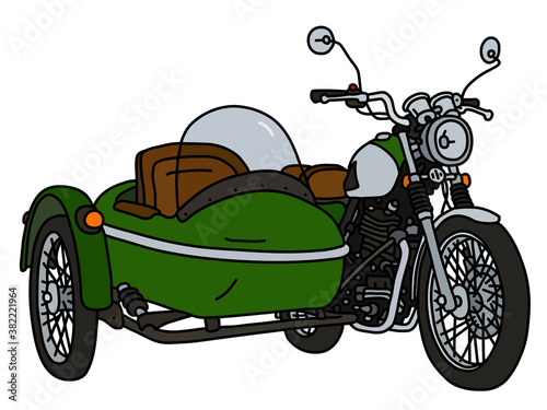 The vectorized hand drawing of a retro green sidecar