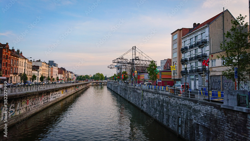 Brussels, Belgium - May 11, 2018: View of the Canal Bruxelles-Charleroi from the bridge in the quarter Molenbeek-Saint-Jean