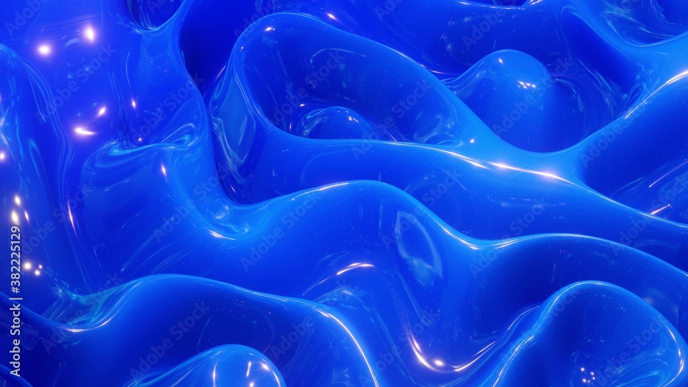 Obraz premium 3d rendering. Abstract wavy pattern on bright glossy surface, blue color, like waves on blue paint fluid. Glitters on viscous 3d liquid. Creative backdrop