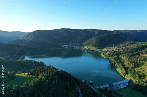 Aerial view of the Palcmanska Masa reservoir in the village of Dedinky in Slovakia © Peter