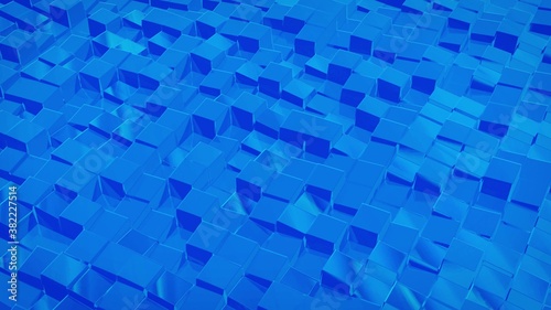 3d rendering abstract fluid background. Beautiful wavy glass surface of blue liquid with square pattern  gradient color and flow waves on it. Creative bright bg