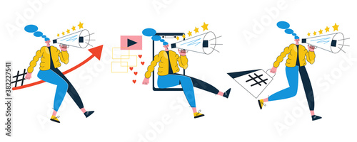Set brand ambassador concept flat vector illustration  Influencer female character 