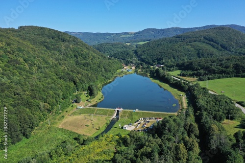 Aerial view of a water reservoir in the town of Dobsina in Slovakia