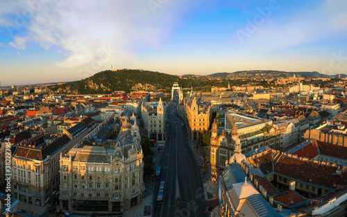 amazing aerial panoramic cityscape about Budapestdowntown. Ferenciek square in the foreground.