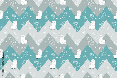 Lamas and cactuses in a front of colorful zigzag. Seamless pettern. Vector illustration. 