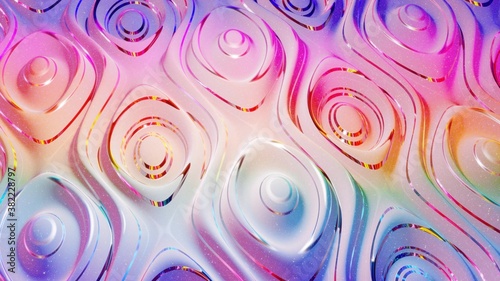 3d rendering abstract background. Beautiful iridescent wavy surface of liquid with pattern, gradient color and flow waves on it. Rainbow glossy and matt fluid. Creative bright bg