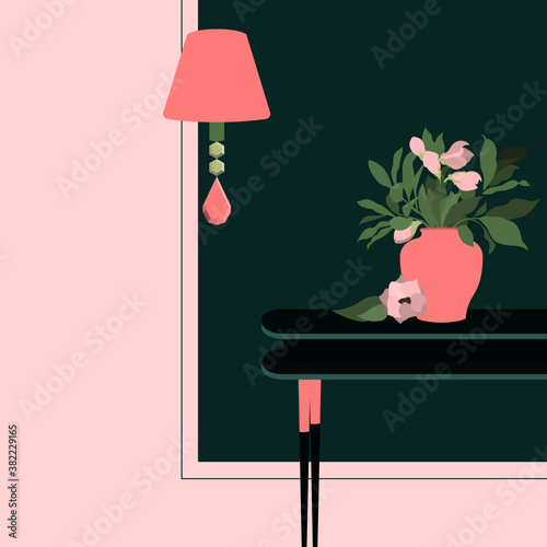 The concept of a flat wall interior.An emerald square, a decorative table on thin legs, stands a pink vase with a bouquet of delicate flowers.Hanging sconce with pendant and lampshade