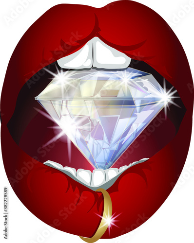 Red lips with diamonds in mouth and gold ring on one lip. Vector illustration.