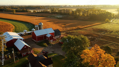 Countryside scenery at Fall season. Autumn colors. Harvest, harvesting time. Rural landscape. Aerial, view from above of the Farm