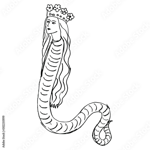 Fantastic lady snake in royal golden crown. Lilith. Medieval art. Hand drawn linear doodle ink sketch. Black silhouette on white background.