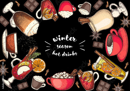 Hot drinks for design. Mulled wine, winter hot drink. Hand drawn sketch. Vector illustration. Christmas invitation design template. Colorful collection. Christmas bar menu. Mulled wine, coffee and tea