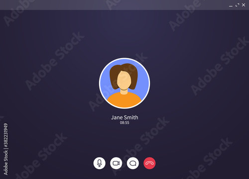 Video call screen, web user interface of conference chat application with mic and video icon and blank place for your picture. Call window ui mockup for online business or learning.