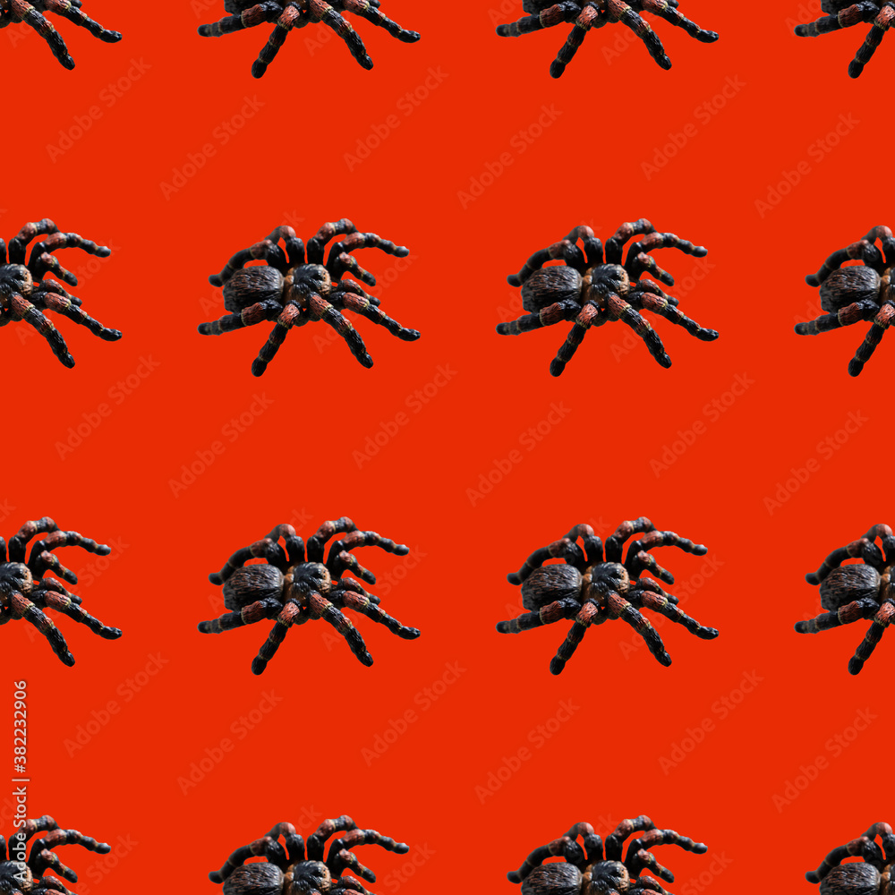Seamless pattern with black spiders on a red background. Halloween theme. Simple drawing for any surface.