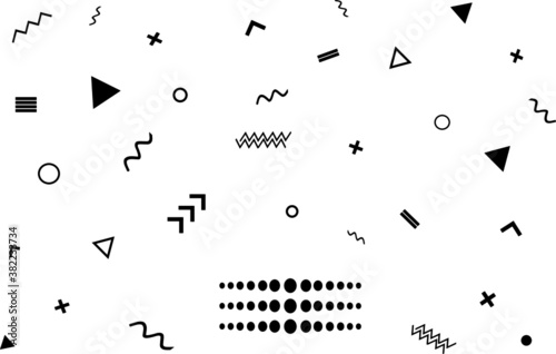 Geometric abstract memphis style pattern design, simple seamless  vectorbackground. Black drawn shapes minimalist ornament, simple doodle trendy style geometric card, poster, banner or wallpaper