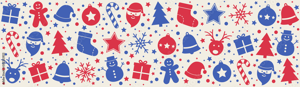 Fototapeta premium Beautiful Christmas ornament with festive elements. Panoramic header. Vector