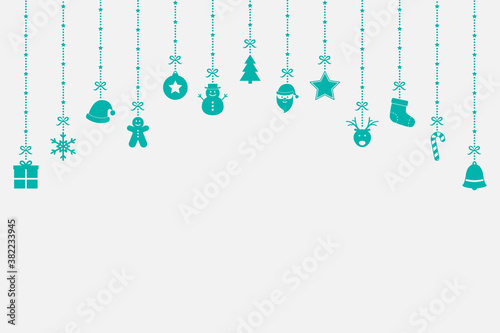 Hanging Christmas elements. Empty card with ornaments and copyspace. Vector illustration