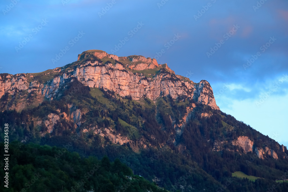 Evening view of a mountain peak in the Swiss Alps