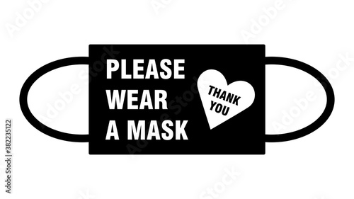 Please Wear a Mask Thank You Warning Sign with a Face Mask Shape and Heart Symbol. Vector Image.
