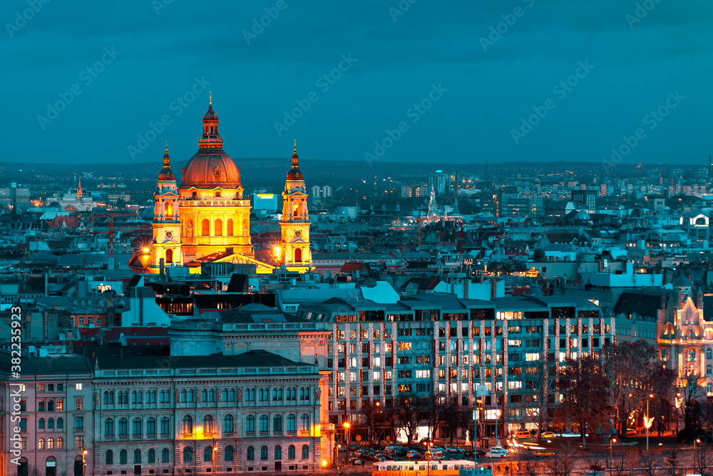 Budapest cityscape and St Stephenґs Basilica at night