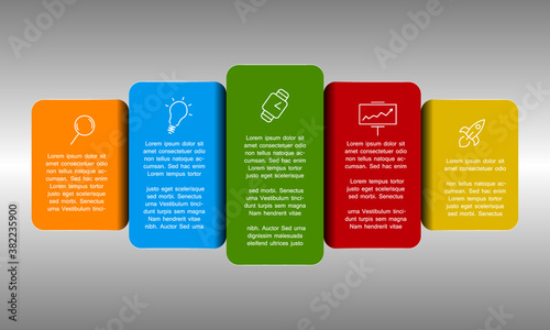 Five part company template with find idea time growth and success icons